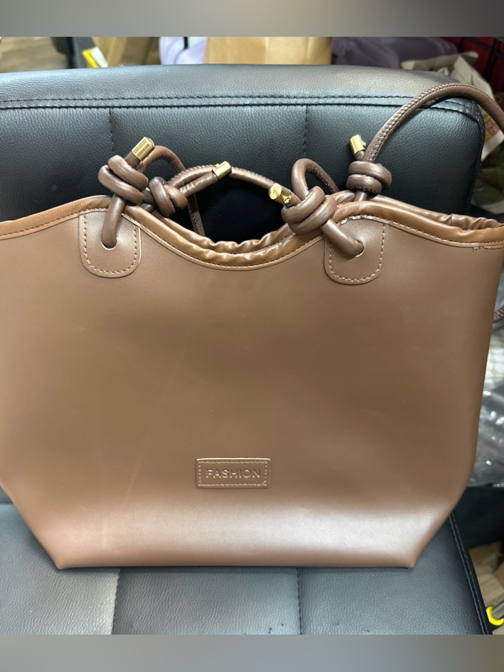 Brown Women's Tote Bag with Knotted Handles